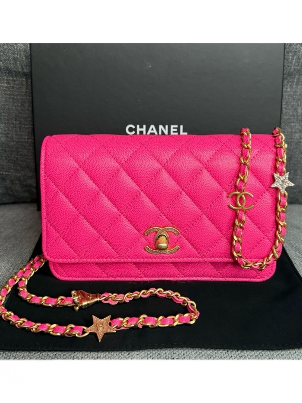 CHANEL CC turnlock caviar leather wallet on chain